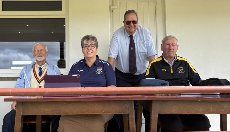 The News Team - Richard Merriman (announcer), Peter Betteley (Play Cricket), Ann-Marie Jenkins and Malcolm Thomas (scorers)